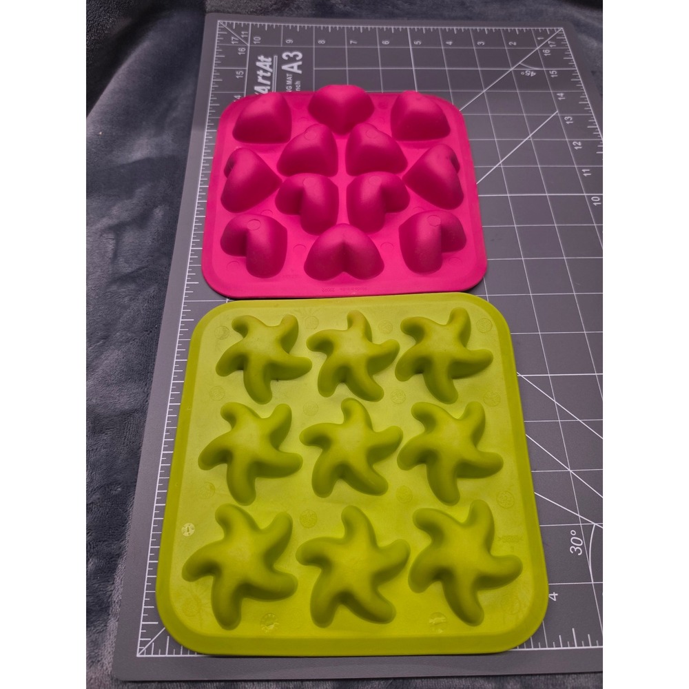 IKEA PLASTIS Silicone Ice Cube Tray Set Pink Heart & Lime Green Star 2 Pack